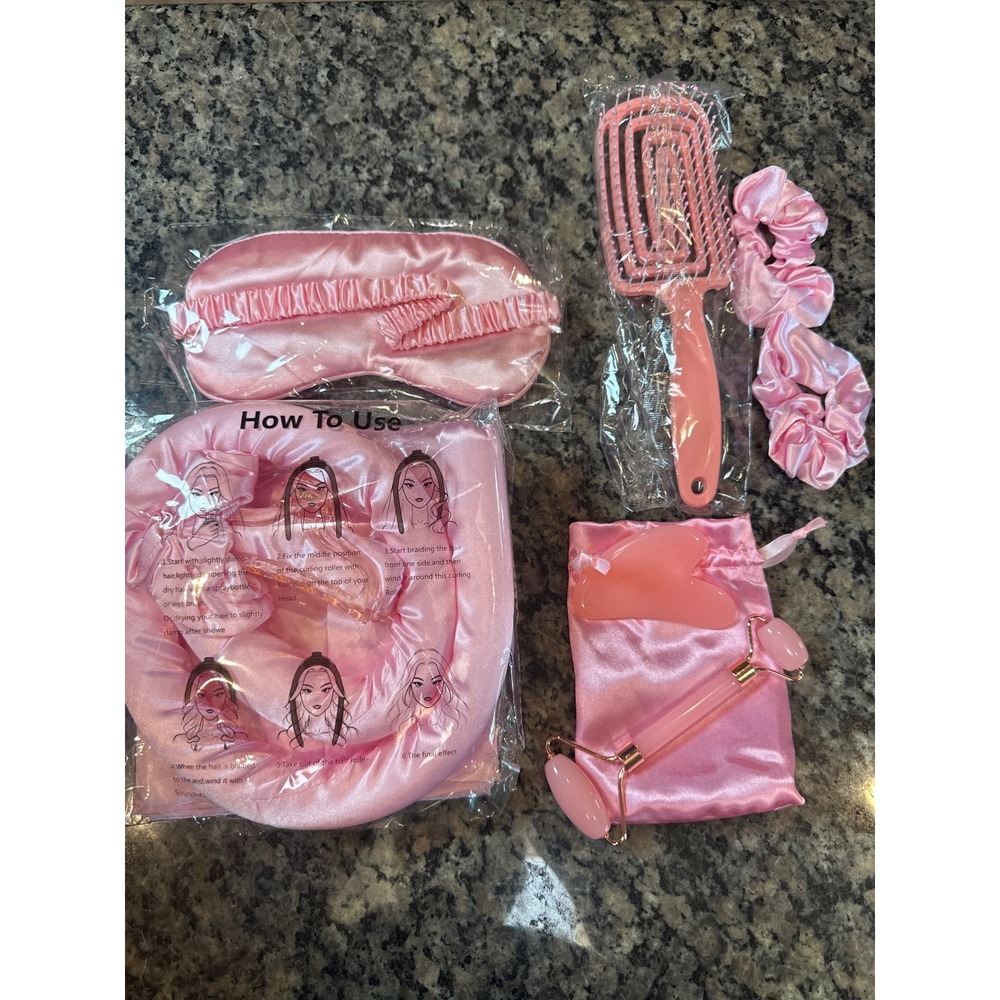 Pink Heatless Hair Curler Set with Sleep Mask Brush Rose Quartz Roller Gua Sha